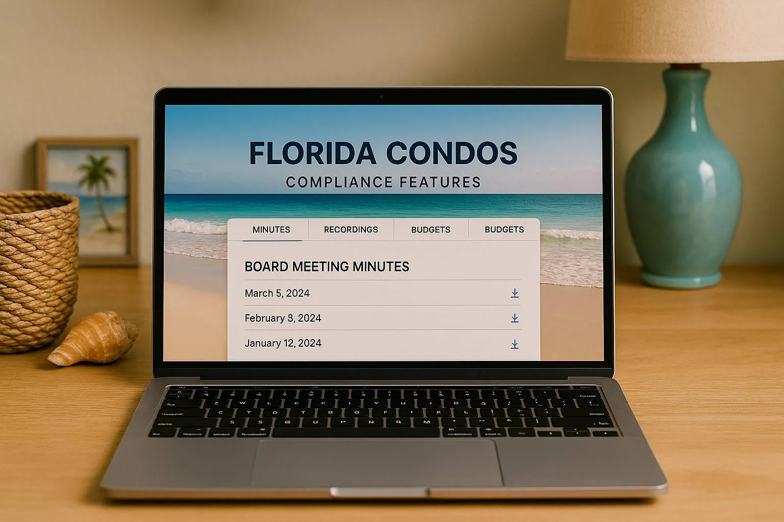 Florida condo website with compliance features displayed on a laptop screen