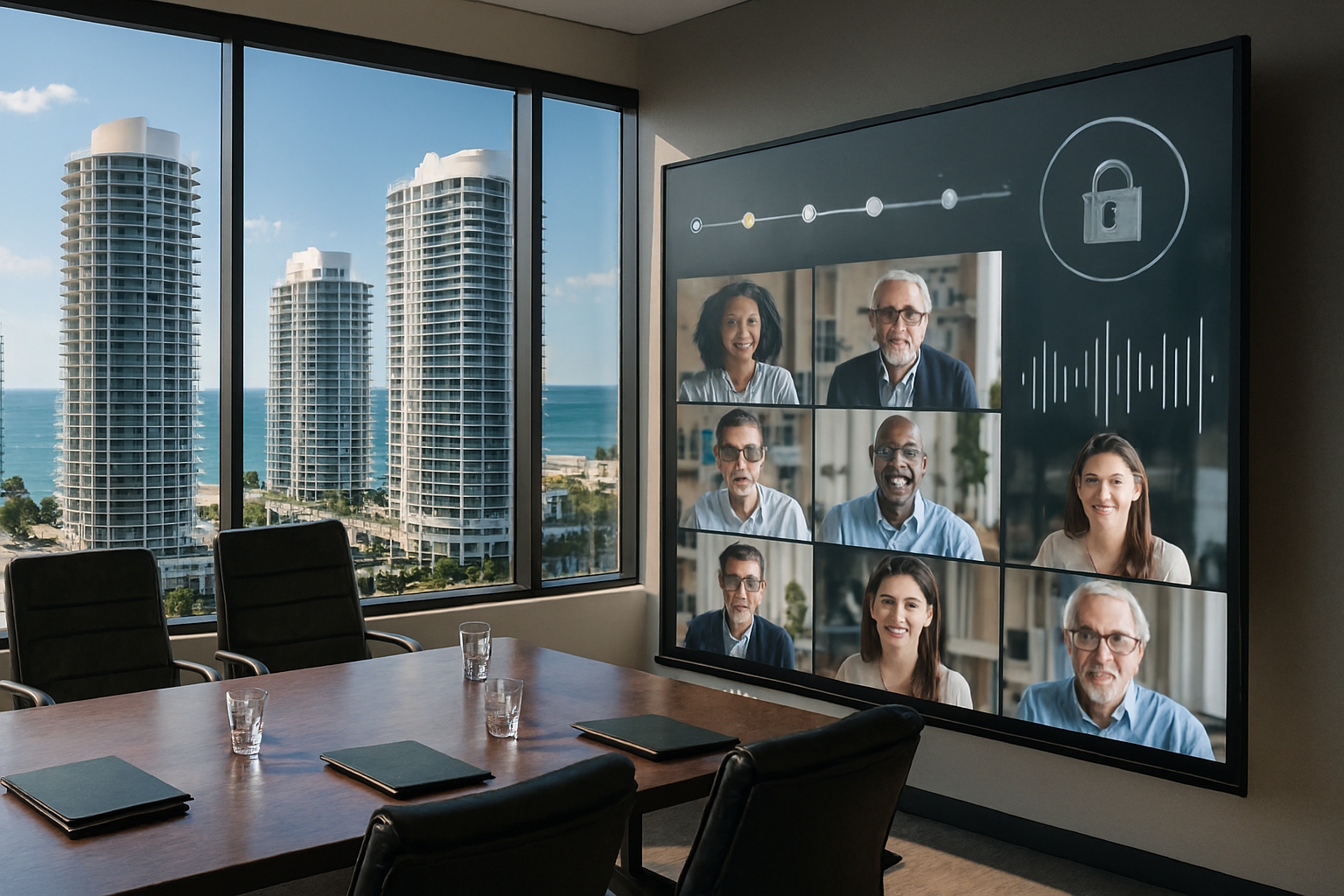 Virtual condo board meeting with compliance check overlay