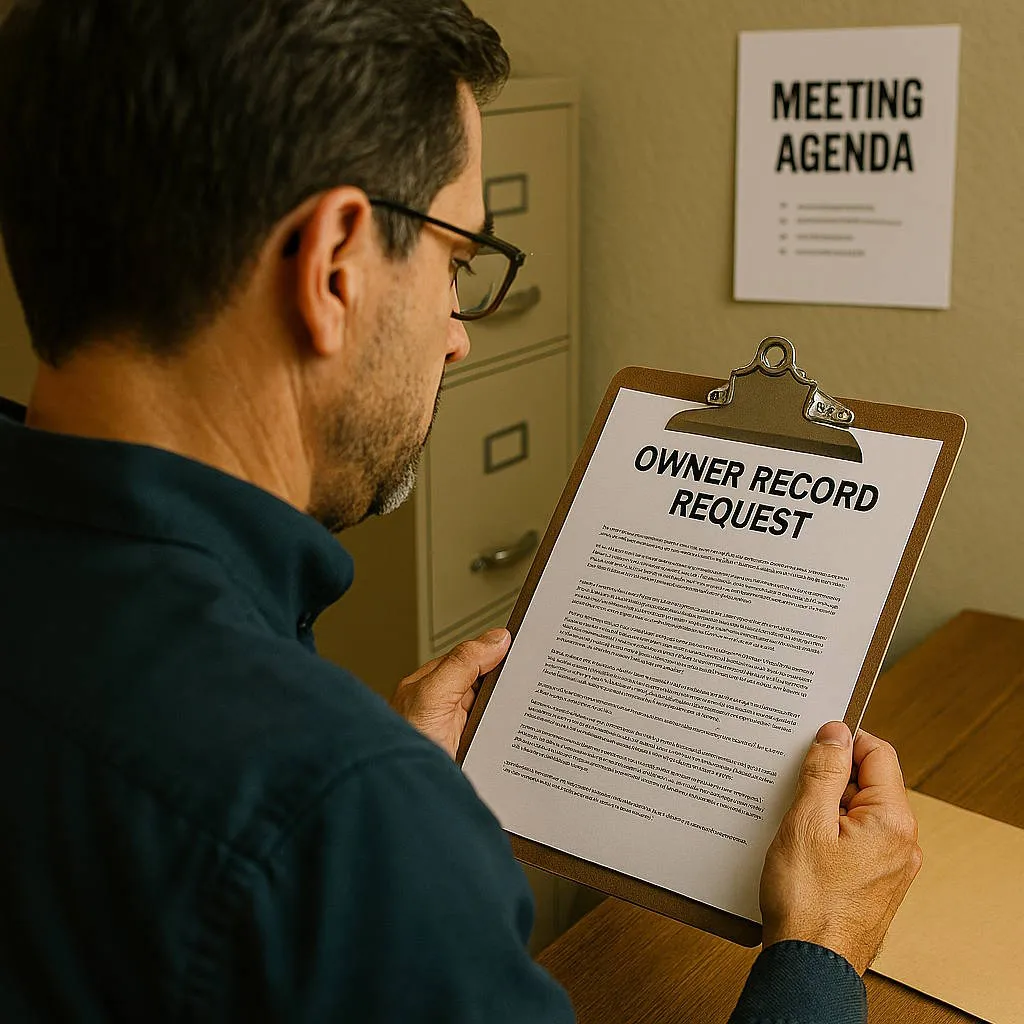 Condo board member handing records to a unit owner upon request